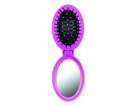 Щетка складная с зеркалом Folding hair brush with mirror, розовая, 8,5 см